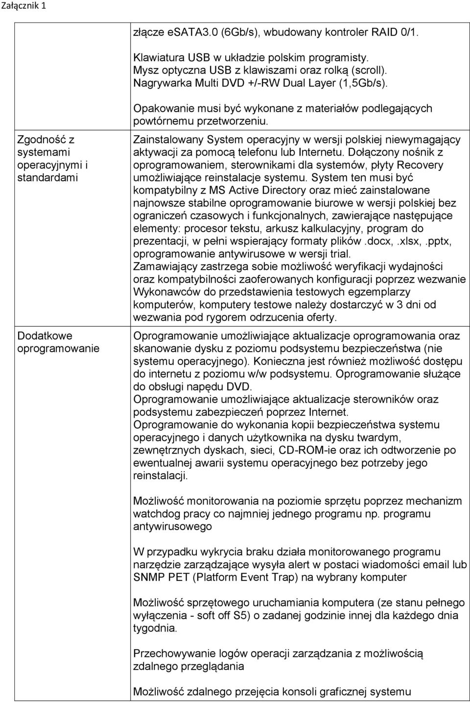 Zgodność z systemami operacyjnymi i standardami Dodatkowe oprogramowanie Opakowanie musi być wykonane z materiałów podlegających powtórnemu przetworzeniu.