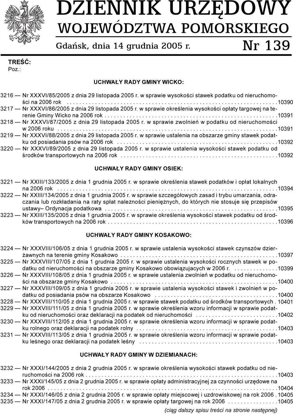 w sprawie okreœlenia wysokoœci op³aty targowej na terenie Gminy Wicko na 2006 rok....................................................... 10391 3218 Nr XXXVI/87/2005 z dnia 29 listopada 2005 r.