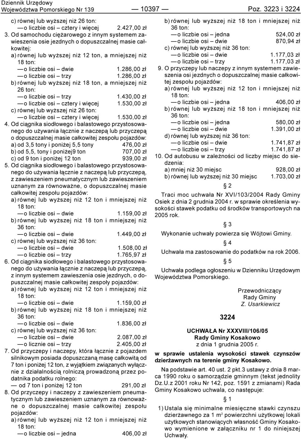 286,00 z³ o liczbie osi trzy 1.286,00 z³ b) równej lub wy szej ni 18 ton, a mniejszej ni 26 ton: o liczbie osi trzy 1.430,00 z³ o liczbie osi cztery i wiêcej 1.