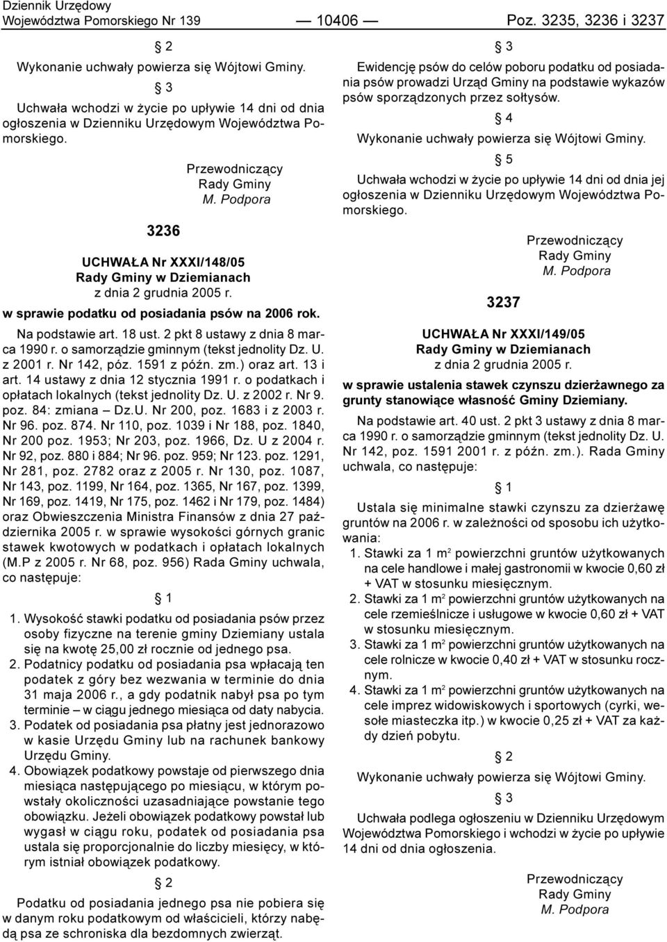 Podpora UCHWA A Nr XXXI/148/05 Rady Gminy w Dziemianach z dnia 2 grudnia 2005 r. w sprawie podatku od posiadania psów na 2006 rok. Na podstawie art. 18 ust. 2 pkt 8 ustawy z dnia 8 marca 1990 r.