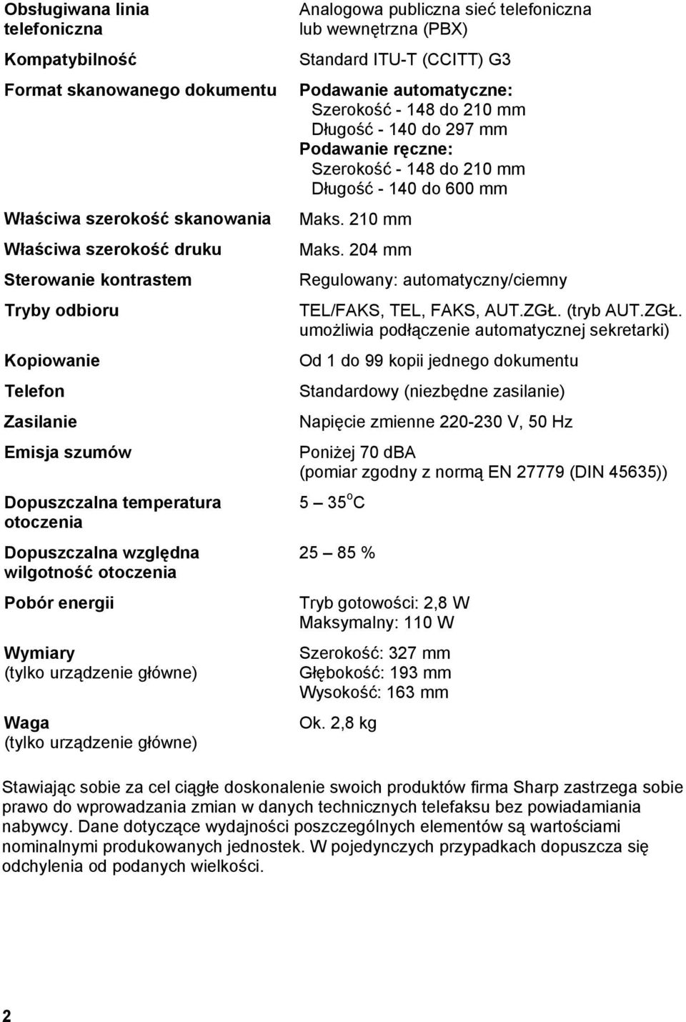 telefoniczna lub wewnętrzna (PBX) Standard ITU-T (CCITT) G3 Podawanie automatyczne: Szerokość - 48 do 20 mm Długość - 40 do 297 mm Podawanie ręczne: Szerokość - 48 do 20 mm Długość - 40 do 600 mm