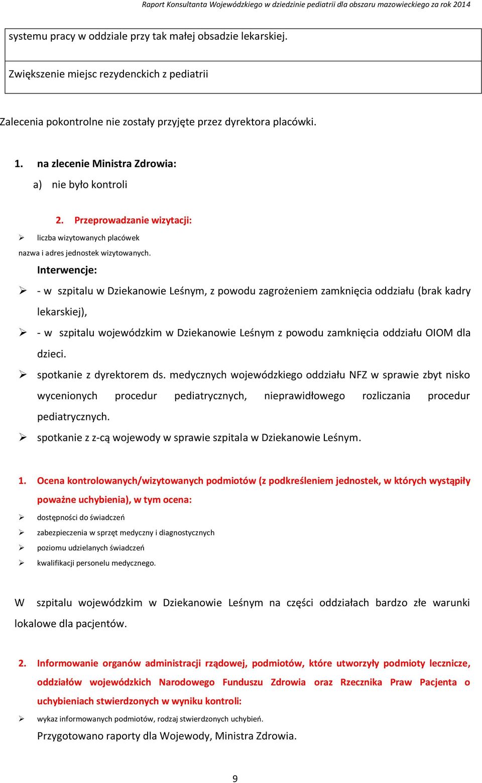 Interwencje: - w szpitalu w Dziekanowie Leśnym, z powodu zagrożeniem zamknięcia oddziału (brak kadry lekarskiej), - w szpitalu wojewódzkim w Dziekanowie Leśnym z powodu zamknięcia oddziału OIOM dla