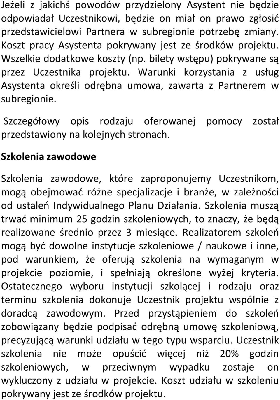 Warunki korzystania z usług Asystenta określi odrębna umowa, zawarta z Partnerem w subregionie. Szczegółowy opis rodzaju oferowanej pomocy został przedstawiony na kolejnych stronach.