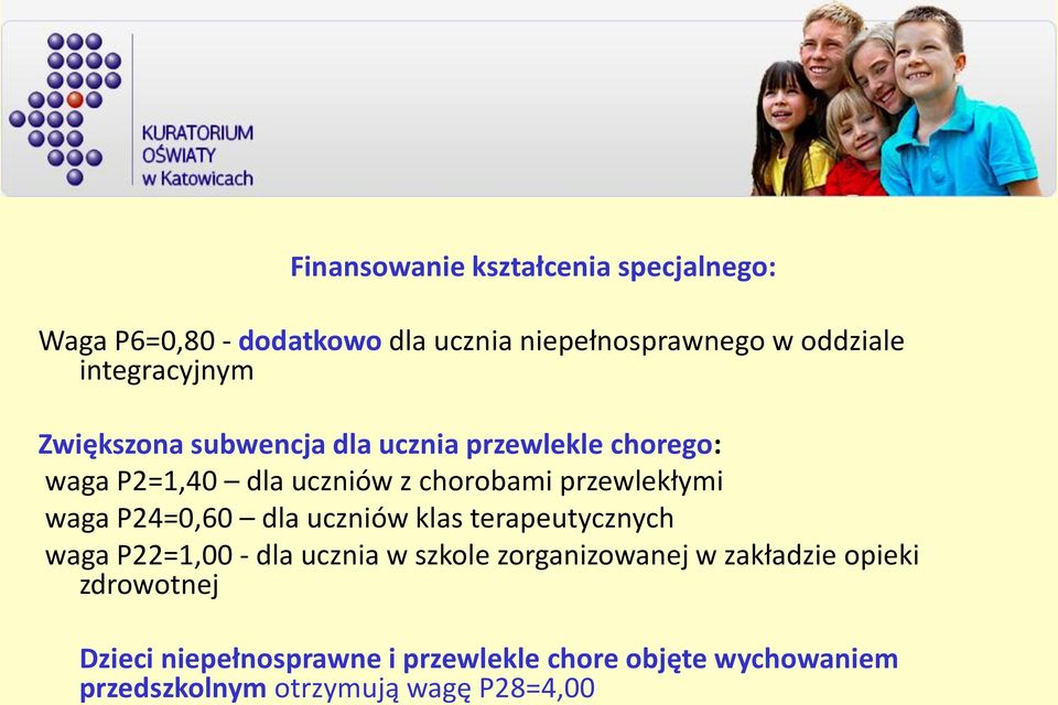 przewlekłymi waga P24=0,60 dla uczniów klas terapeutycznych waga P22=1,00 - dla ucznia w szkole zorganizowanej