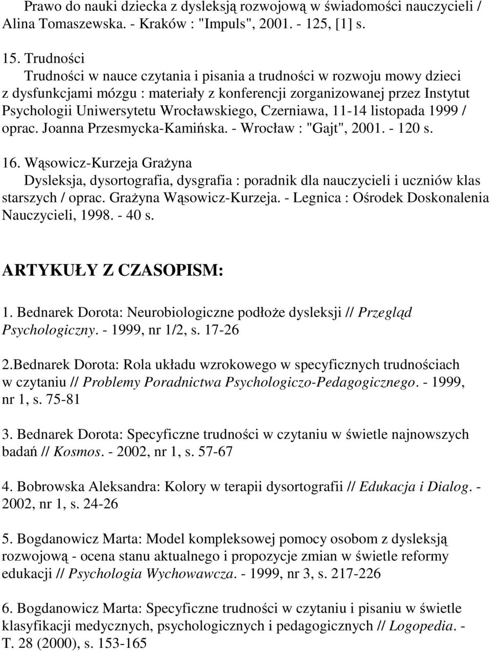 Czerniawa, 11-14 listopada 1999 / oprac. Joanna Przesmycka-Kamińska. - Wrocław : "Gajt", 2001. - 120 s. 16.