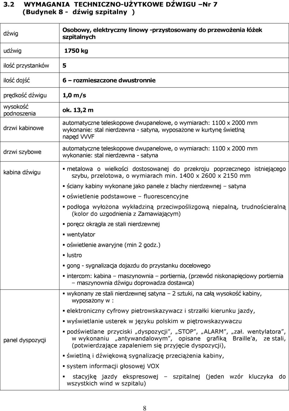 13,2 m automatyczne teleskopowe dwupanelowe, o wymiarach: 1100 x 2000 mm wykonanie: stal nierdzewna - satyna, wyposaŝone w kurtynę świetlną napęd VVVF automatyczne teleskopowe dwupanelowe, o