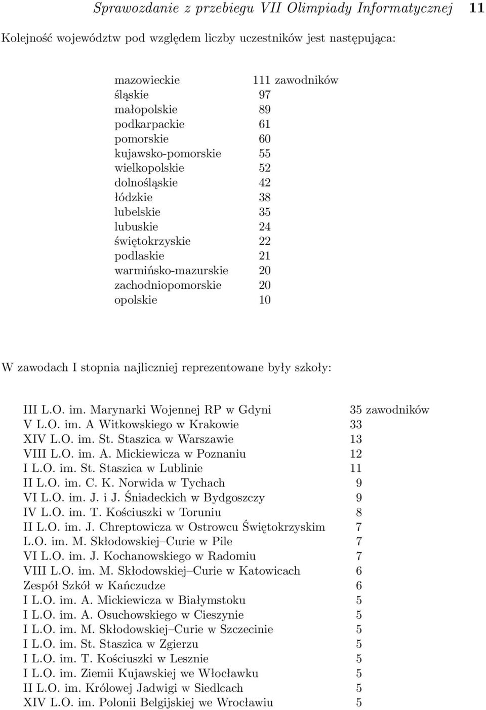zawodach I stopnia najliczniej reprezentowane były szkoły: III L.O. im. Marynarki Wojennej RP w Gdyni 35 zawodników V L.O. im. A Witkowskiego w Krakowie 33 XIV L.O. im. St.