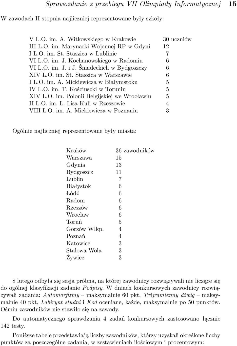 Mickiewicza w Białymstoku 5 IV L.O. im. T. Kościuszki w Toruniu 5 XIV L.O. im. Polonii Belgijskiej we Wrocławiu 5 II L.O. im. L. Lisa-Kuli w Rzeszowie 4 VIII L.O. im. A.