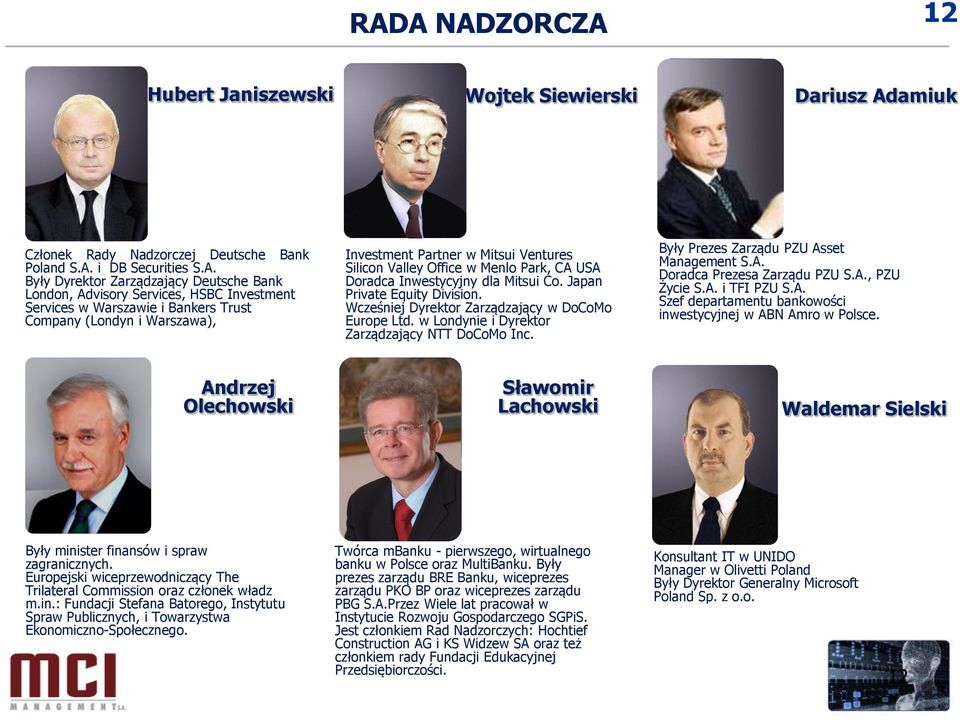 Mitsui Co. Japan Private Equity Division. Wcześniej Dyrektor Zarządzający w DoCoMo Europe Ltd. w Londynie i Dyrektor Zarządzający NTT DoCoMo Inc. Były Prezes Zarządu PZU As
