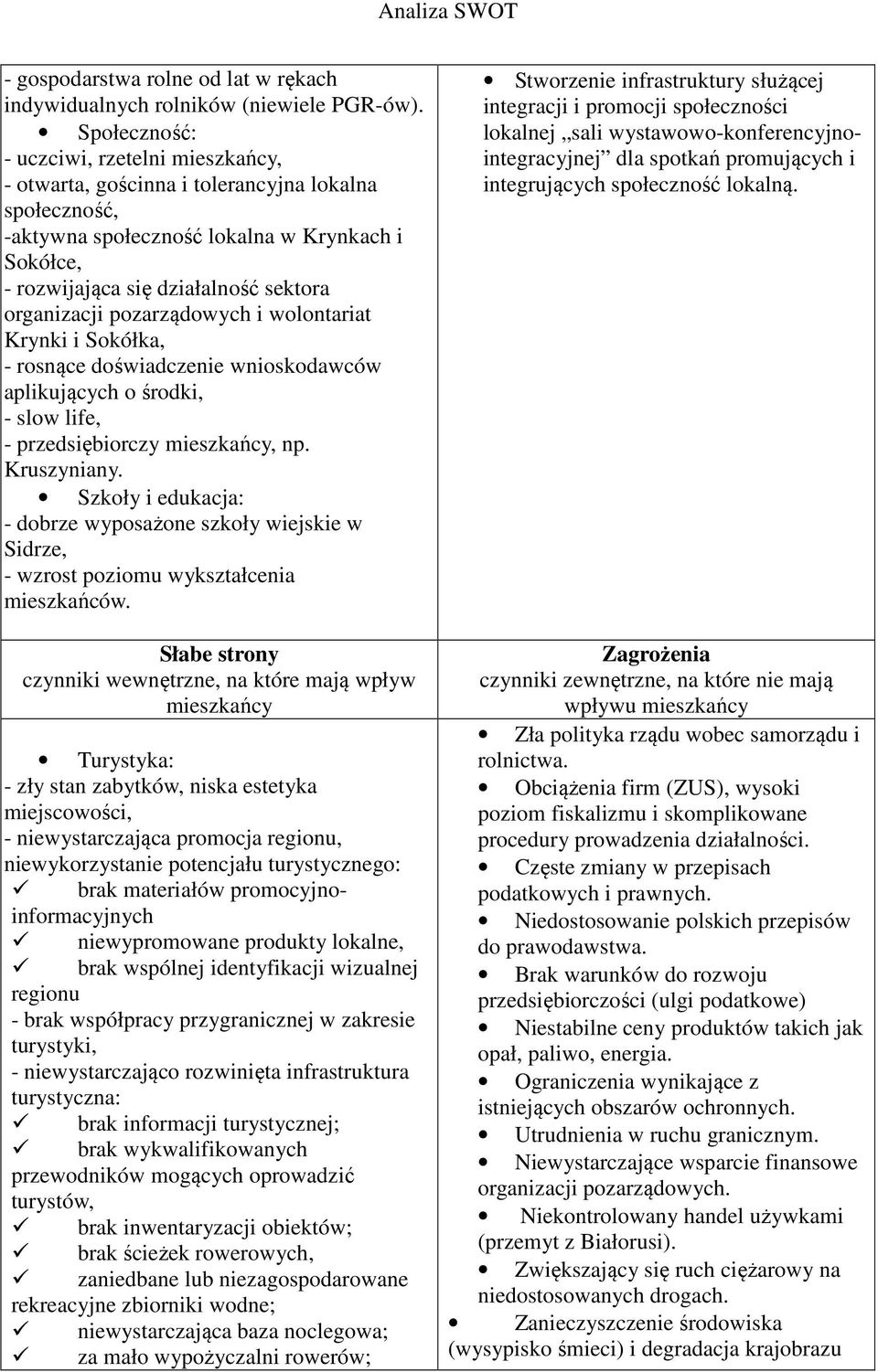 organizacji pozarządowych i wolontariat Krynki i Sokółka, - rosnące doświadczenie wnioskodawców aplikujących o środki, - slow life, - przedsiębiorczy mieszkańcy, np. Kruszyniany.