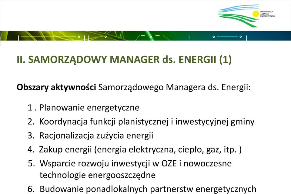 Racjonalizacja zużycia energii 4. Zakup energii (energia elektryczna, ciepło, gaz, itp. ) 5.