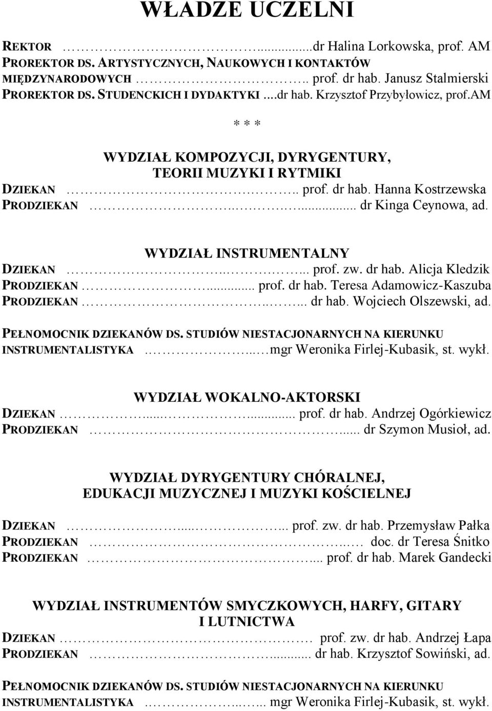 WYDZIAŁ INSTRUMENTALNY DZIEKAN...... prof. zw. dr hab. Alicja Kledzik PRODZIEKAN... prof. dr hab. Teresa Adamowicz-Kaszuba PRODZIEKAN..... dr hab. Wojciech Olszewski, ad. PEŁNOMOCNIK DZIEKANÓW DS.
