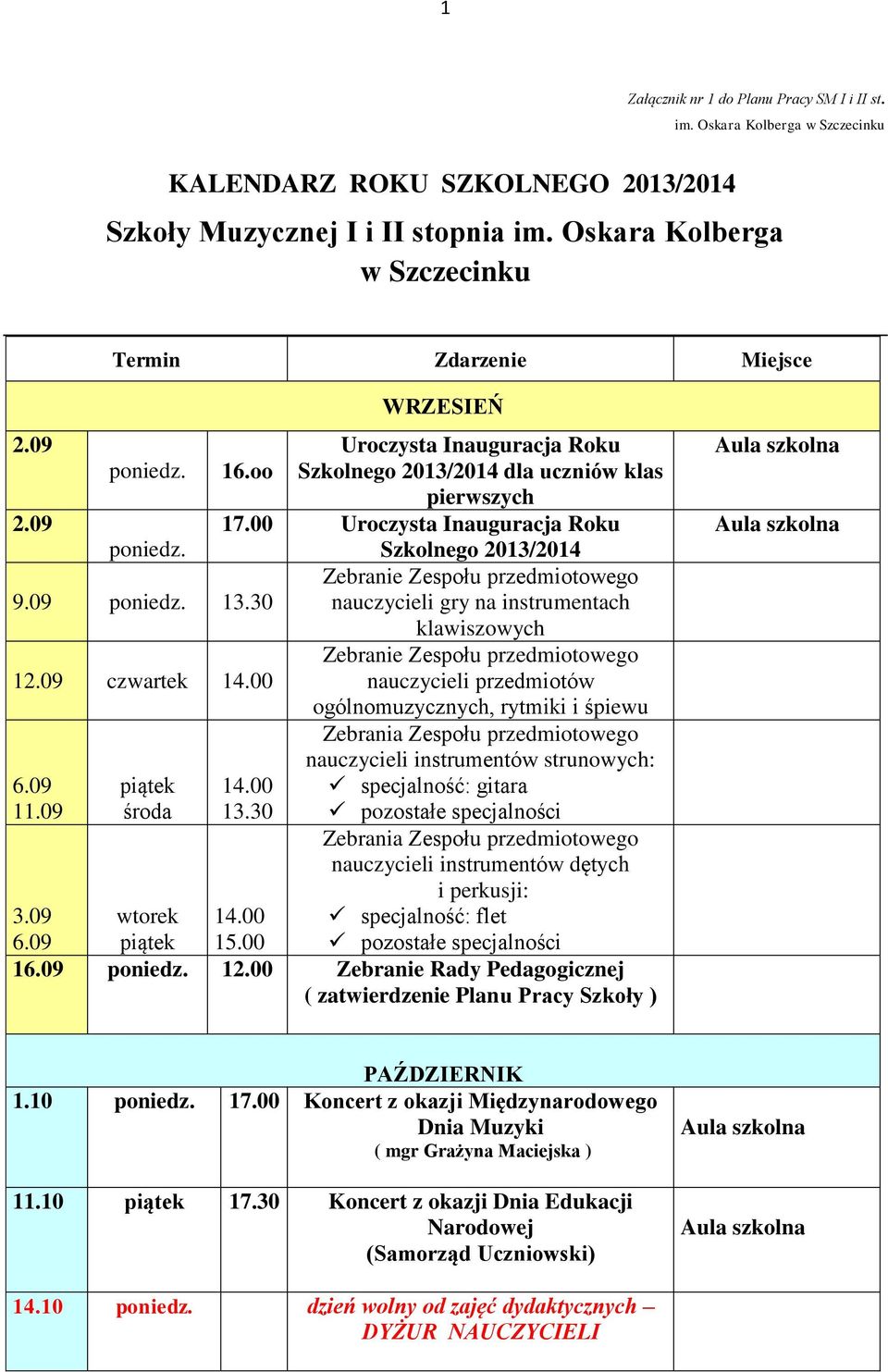 00 Uroczysta Inauguracja Roku poniedz. Szkolnego 2013/2014 Zebranie Zespołu przedmiotowego 9.09 poniedz. 13.30 nauczycieli gry na instrumentach klawiszowych Zebranie Zespołu przedmiotowego 12.