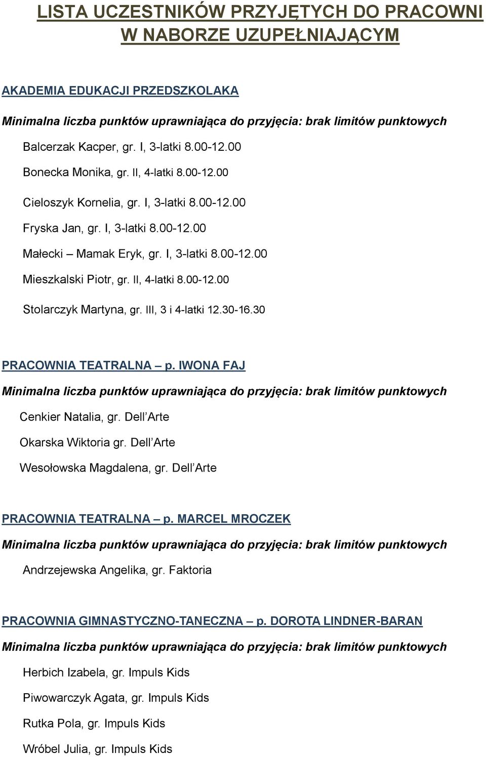 30-16.30 PRACOWNIA TEATRALNA p. IWONA FAJ Cenkier Natalia, gr. Dell Arte Okarska Wiktoria gr. Dell Arte Wesołowska Magdalena, gr. Dell Arte PRACOWNIA TEATRALNA p.