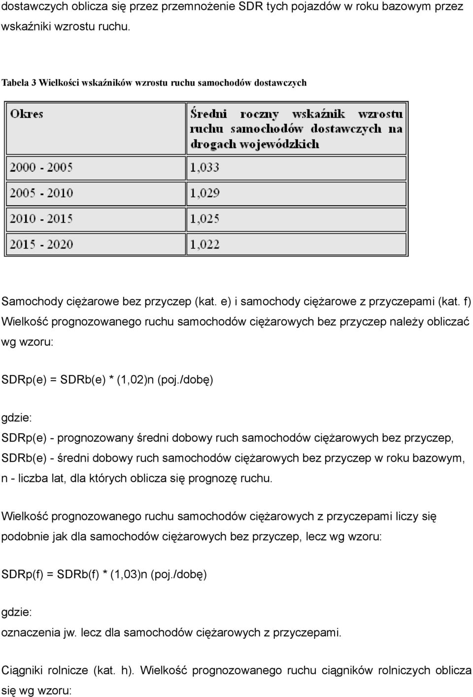 f) Wielkość prognozowanego ruchu samochodów ciężarowych bez przyczep należy obliczać wg wzoru: SDRp(e) = SDRb(e) * (1,02)n (poj.