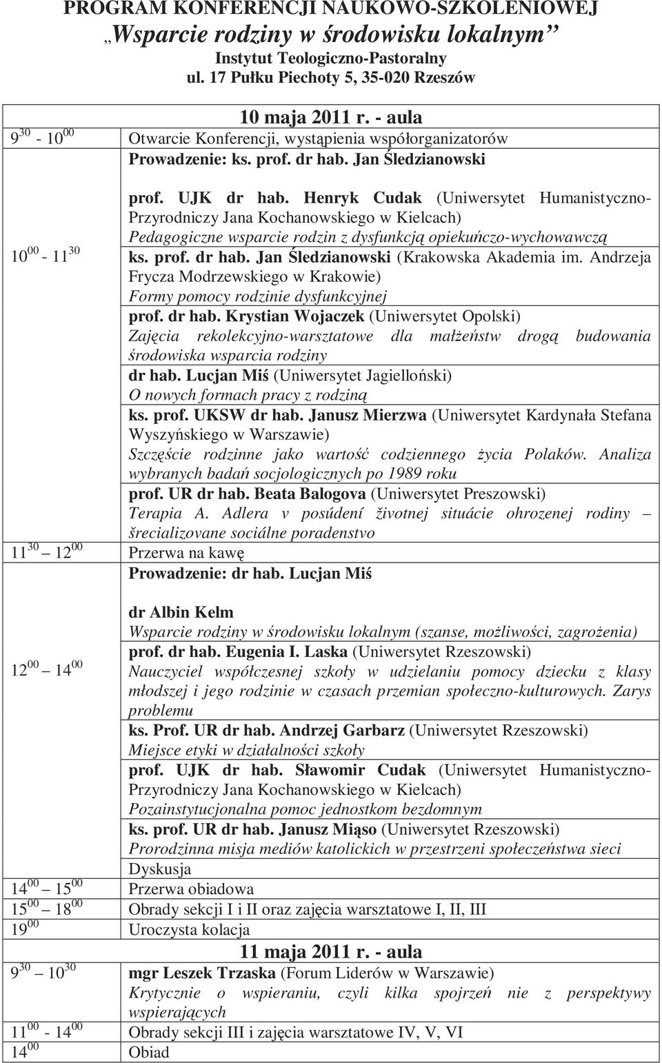 Henryk Cudak (Uniwersytet Humanistyczno- Przyrodniczy Jana Kochanowskiego w Kielcach) Pedagogiczne wsparcie rodzin z dysfunkcją opiekuńczo-wychowawczą 10 00-11 30 ks. prof. dr hab.