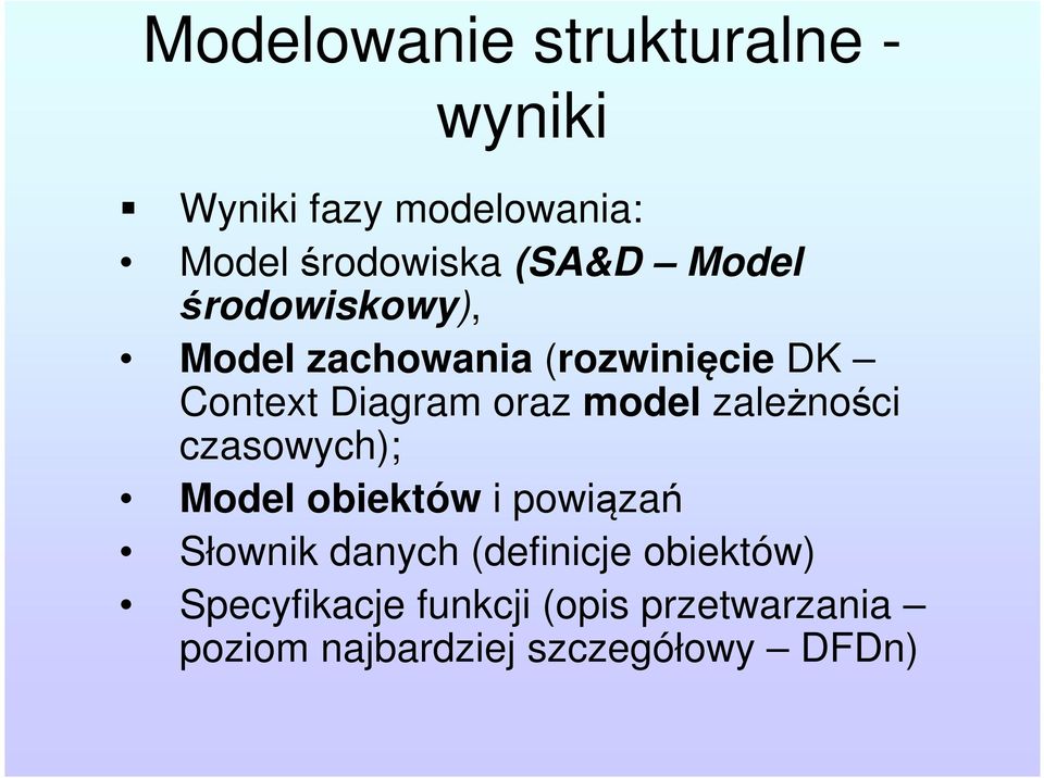 zależności czasowych); Model obiektów i powiązań Słownik danych (definicje
