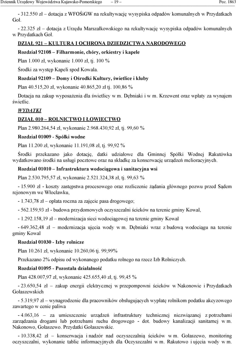 DZIAŁ 921 KULTURA I OCHRONA DZIEDZICTWA NARODOWEGO Rozdział 92108 Filharmonie, chóry, orkiestry i kapele Plan 1.000 zł, wykonanie 1.000 zł, tj. 100 % Środki za występ Kapeli spod Kowala.