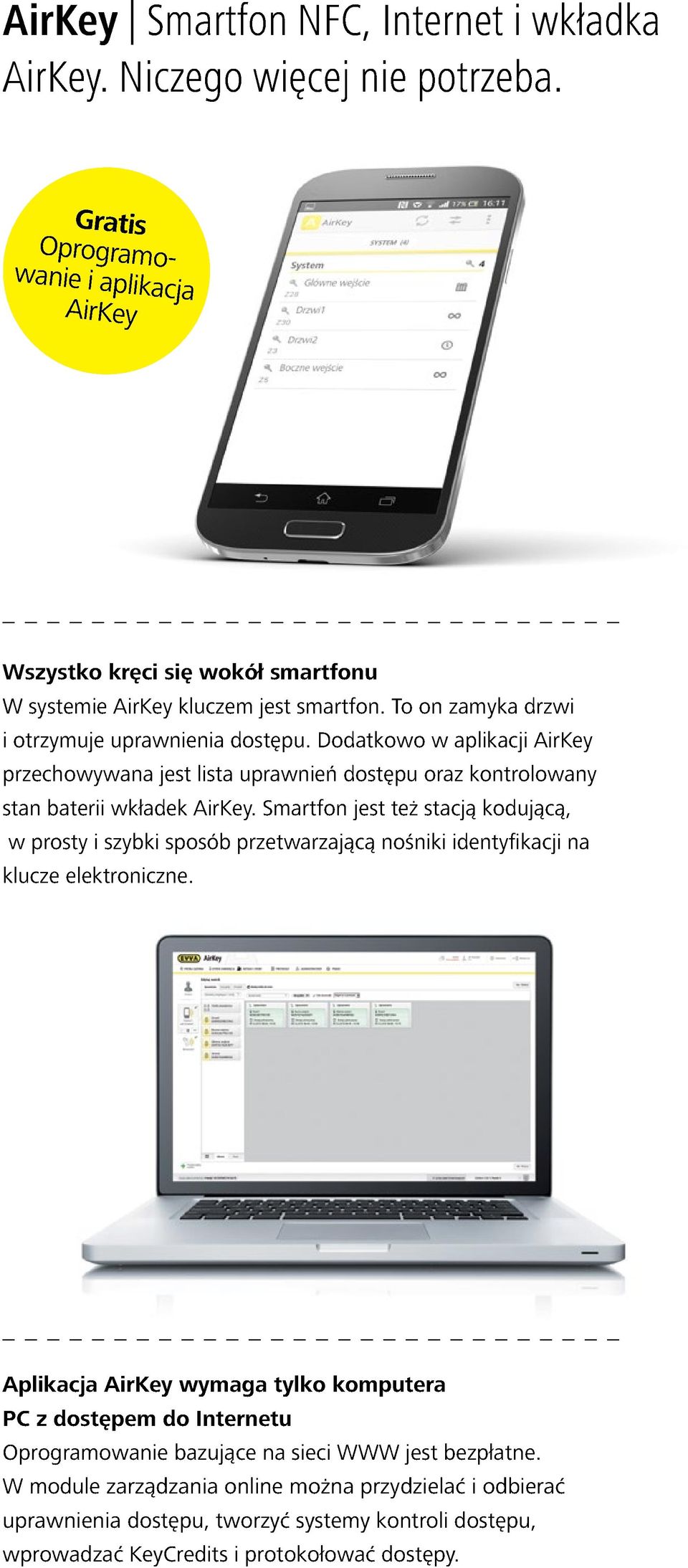 Dodatkowo w aplikacji AirKey przechowywana jest lista uprawnień dostępu oraz kontrolowany stan baterii wkładek AirKey.