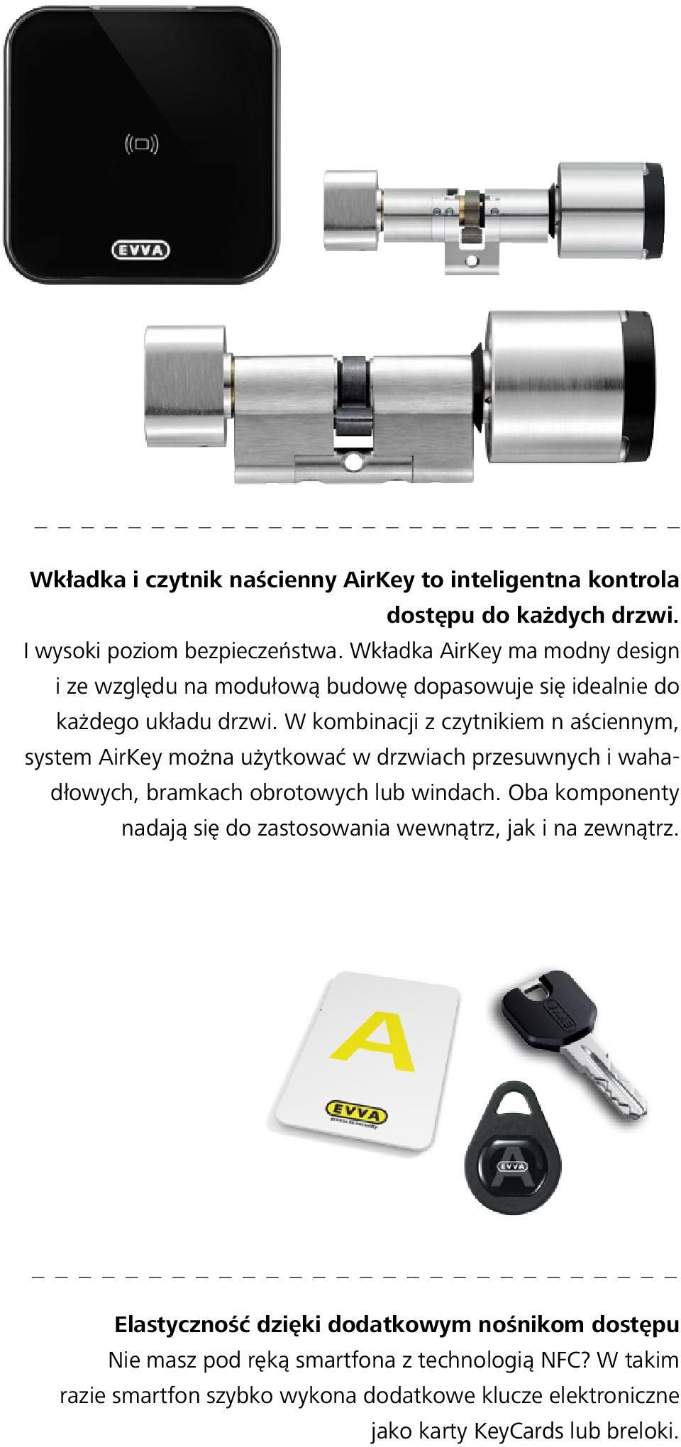 W kombinacji z czytnikiem n aściennym, system AirKey można użytkować w drzwiach przesuwnych i wahadłowych, bramkach obrotowych lub windach.