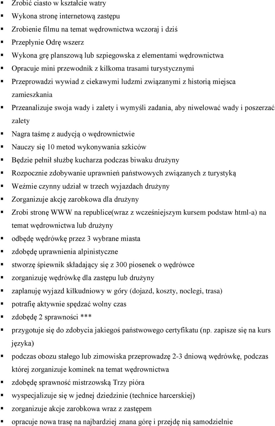 zadania, aby niwelować wady i poszerzać zalety Nagra taśmę z audycją o wędrownictwie Nauczy się 10 metod wykonywania szkiców Będzie pełnił służbę kucharza podczas biwaku drużyny Rozpocznie zdobywanie