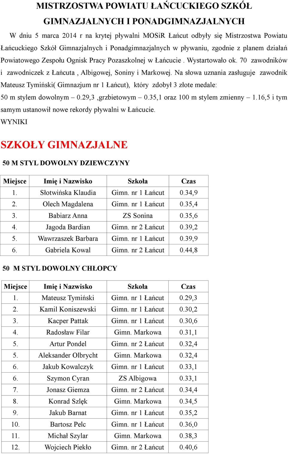 Na słowa uznania zasługuje zawodnik Mateusz Tymiński( Gimnazjum nr 1 Łańcut), który zdobył 3 złote medale: 50 m stylem dowolnym 0.29,3,grzbietowym 0.35,1 oraz 100 m stylem zmienny 1.