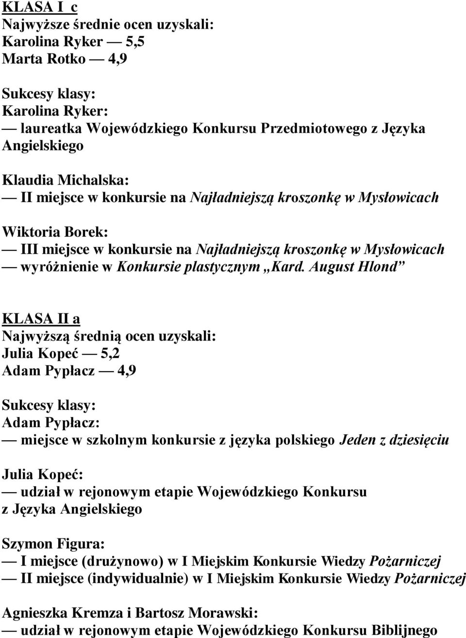 August Hlond KLASA II a Najwyższą średnią ocen uzyskali: Julia Kopeć 5,2 Adam Pypłacz 4,9 Adam Pypłacz: miejsce w szkolnym konkursie z języka polskiego Jeden z dziesięciu Julia Kopeć: udział w