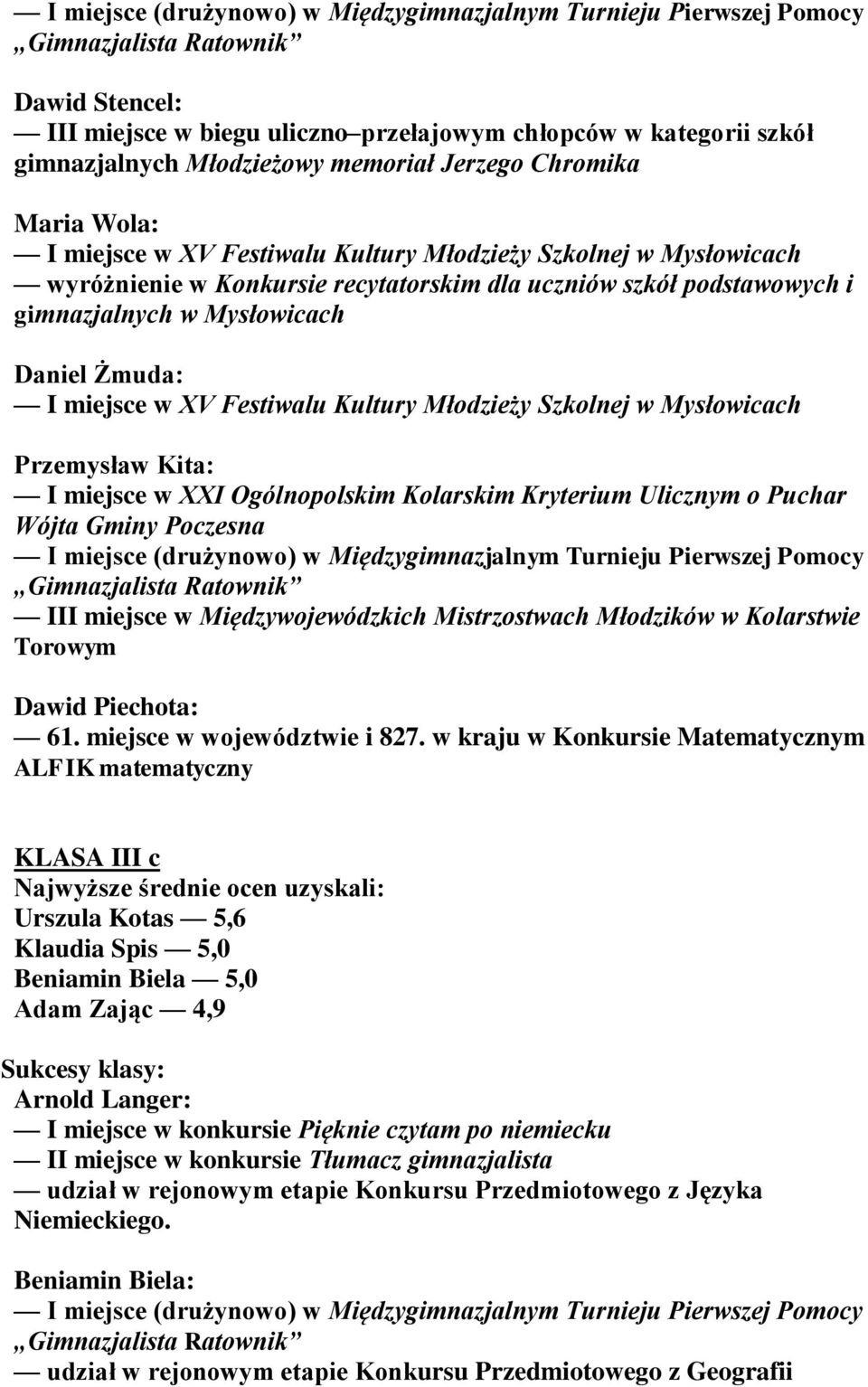 Mysłowicach Daniel Żmuda: I miejsce w XV Festiwalu Kultury Młodzieży Szkolnej w Mysłowicach Przemysław Kita: I miejsce w XXI Ogólnopolskim Kolarskim Kryterium Ulicznym o Puchar Wójta Gminy Poczesna I