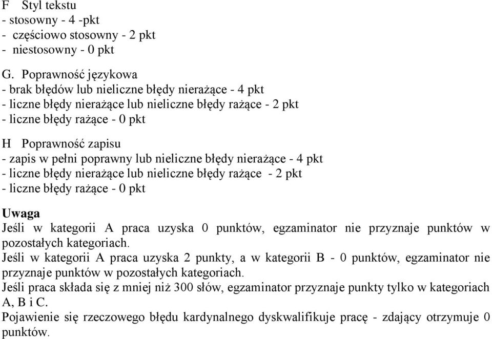 poprawny lub nieliczne błędy nierażące - 4 pkt - liczne błędy nierażące lub nieliczne błędy rażące - 2 pkt - liczne błędy rażące - 0 pkt Uwaga Jeśli w kategorii A praca uzyska 0 punktów, egzaminator