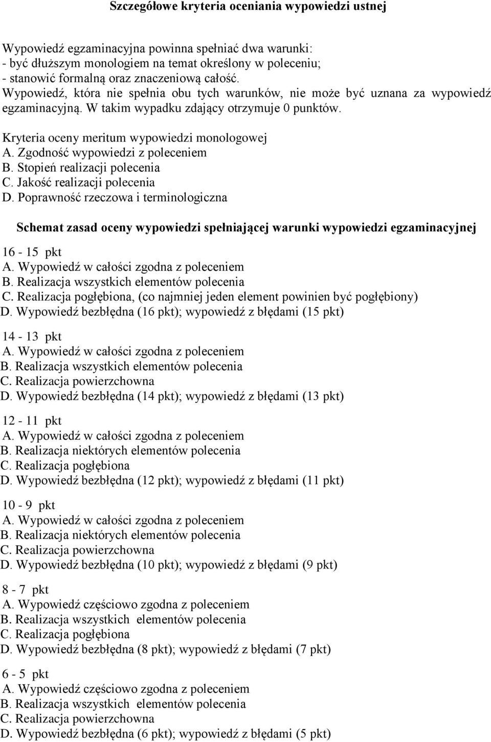 Zgodność wypowiedzi z poleceniem B. Stopień realizacji polecenia C. Jakość realizacji polecenia D.