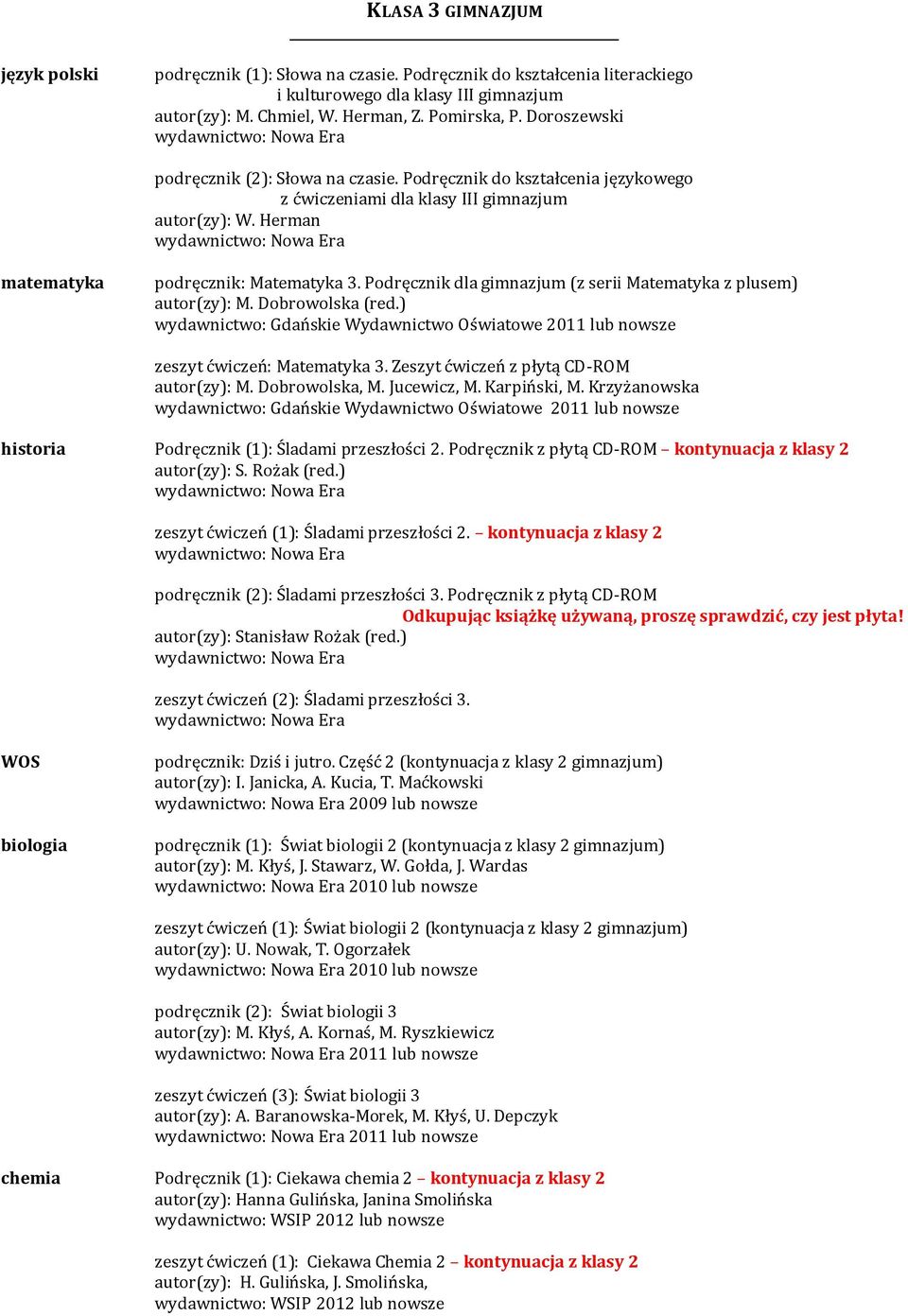 Podręcznik dla gimnazjum (z serii Matematyka z plusem) autor(zy): M. Dobrowolska (red.) 2011 lub nowsze zeszyt ćwiczeń: Matematyka 3. Zeszyt ćwiczeń z płytą CD-ROM autor(zy): M. Dobrowolska, M.