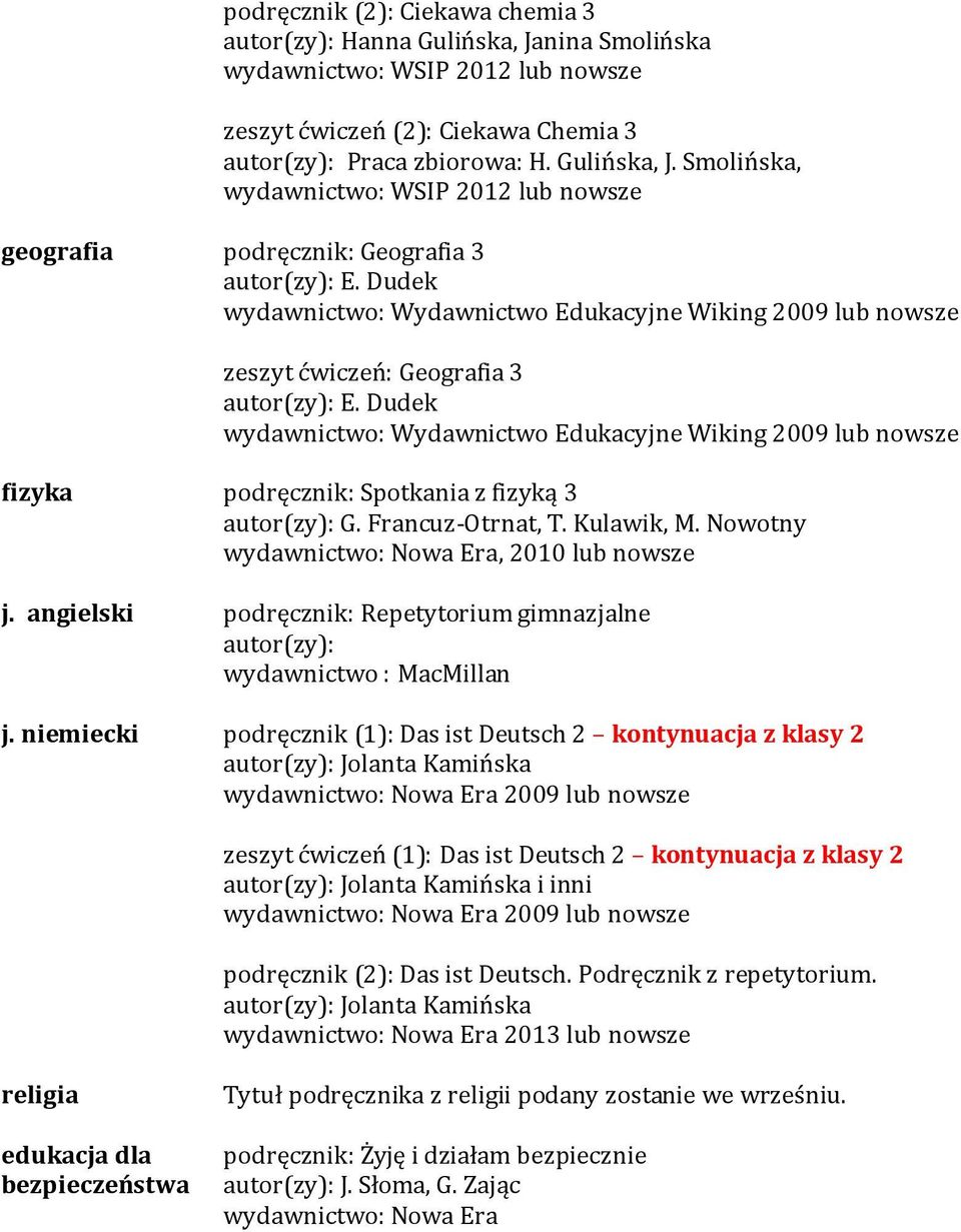 Dudek wydawnictwo: Wydawnictwo Edukacyjne Wiking 2009 lub nowsze fizyka podręcznik: Spotkania z fizyką 3 autor(zy): G. Francuz-Otrnat, T. Kulawik, M. Nowotny, 2010 lub nowsze j.