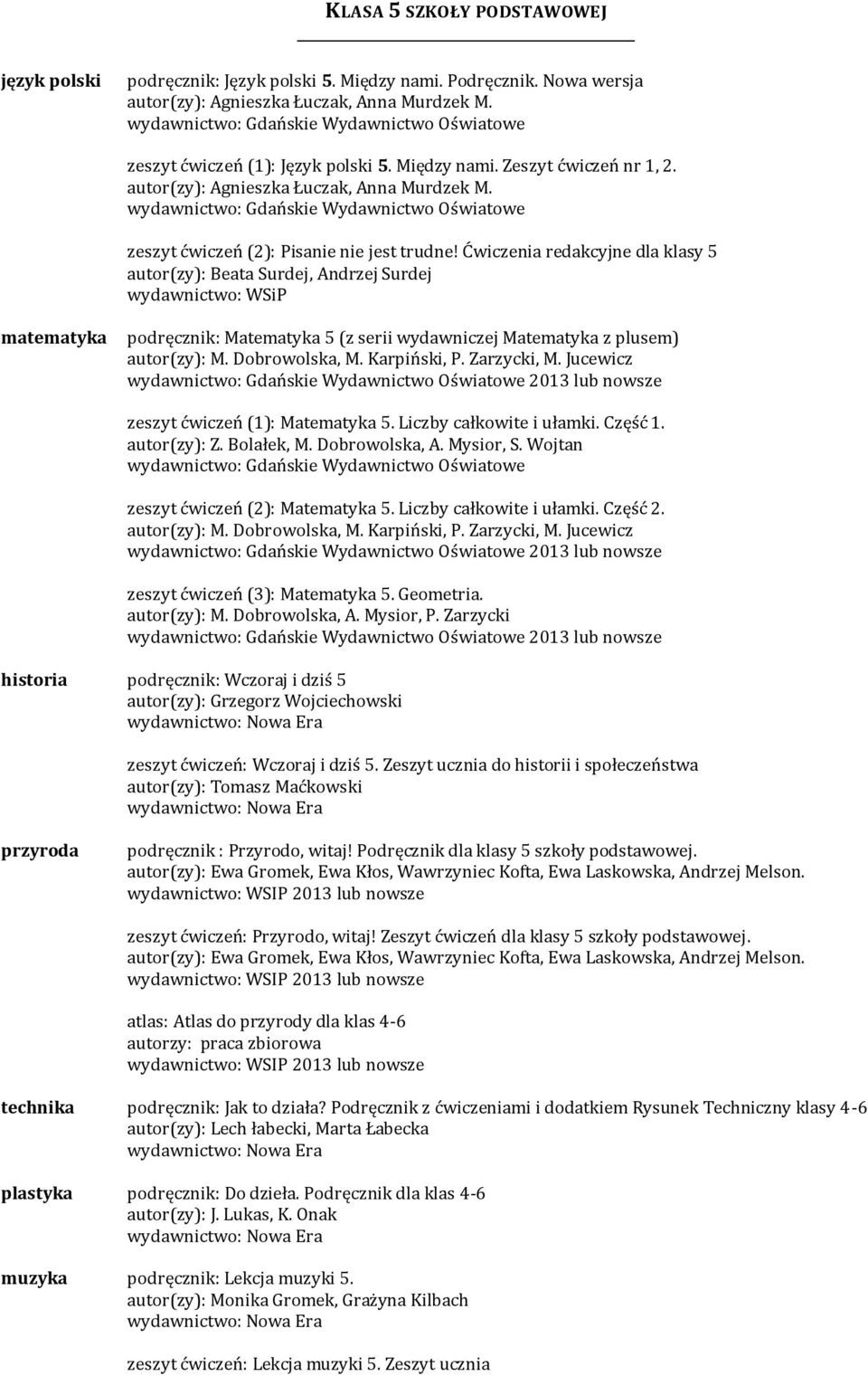 Ćwiczenia redakcyjne dla klasy 5 autor(zy): Beata Surdej, Andrzej Surdej wydawnictwo: WSiP matematyka podręcznik: Matematyka 5 (z serii wydawniczej Matematyka z plusem) autor(zy): M. Dobrowolska, M.