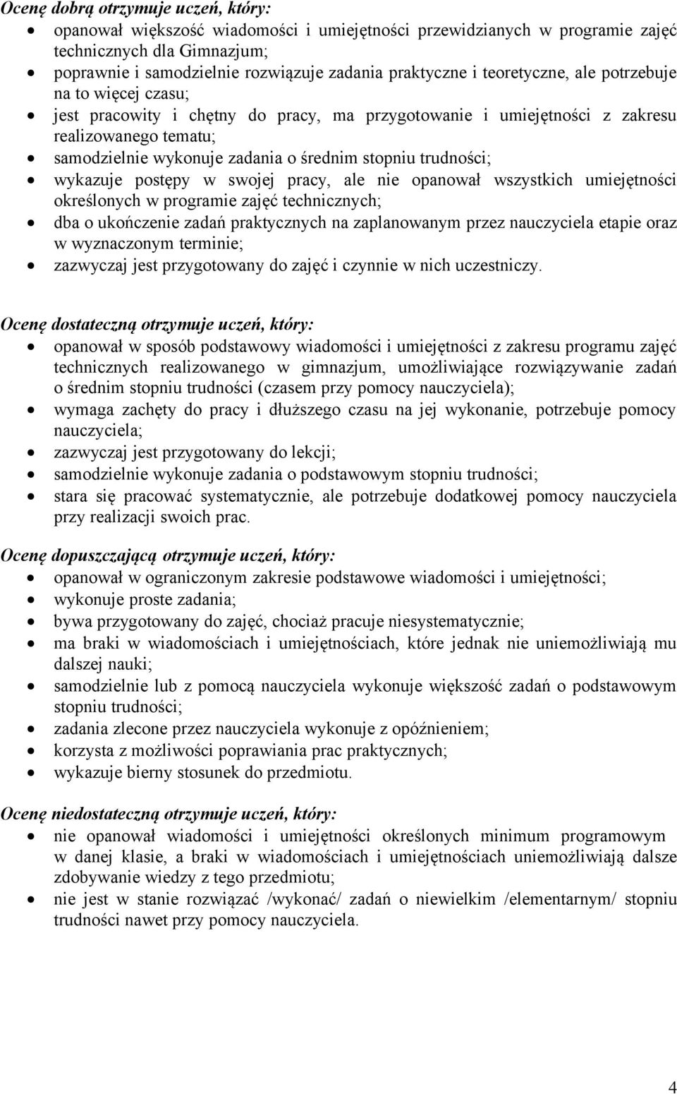 trudności; wykazuje postępy w swojej pracy, ale nie opanował wszystkich umiejętności określonych w programie zajęć technicznych; dba o ukończenie zadań praktycznych na zaplanowanym przez nauczyciela