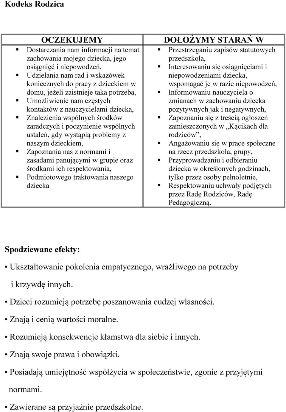 dzieckiem, Zapoznania nas z normami i zasadami panującymi w grupie oraz środkami ich respektowania, Podmiotowego traktowania naszego dziecka DOŁOŻYMY STARAŃ W Przestrzeganiu zapisów statutowych