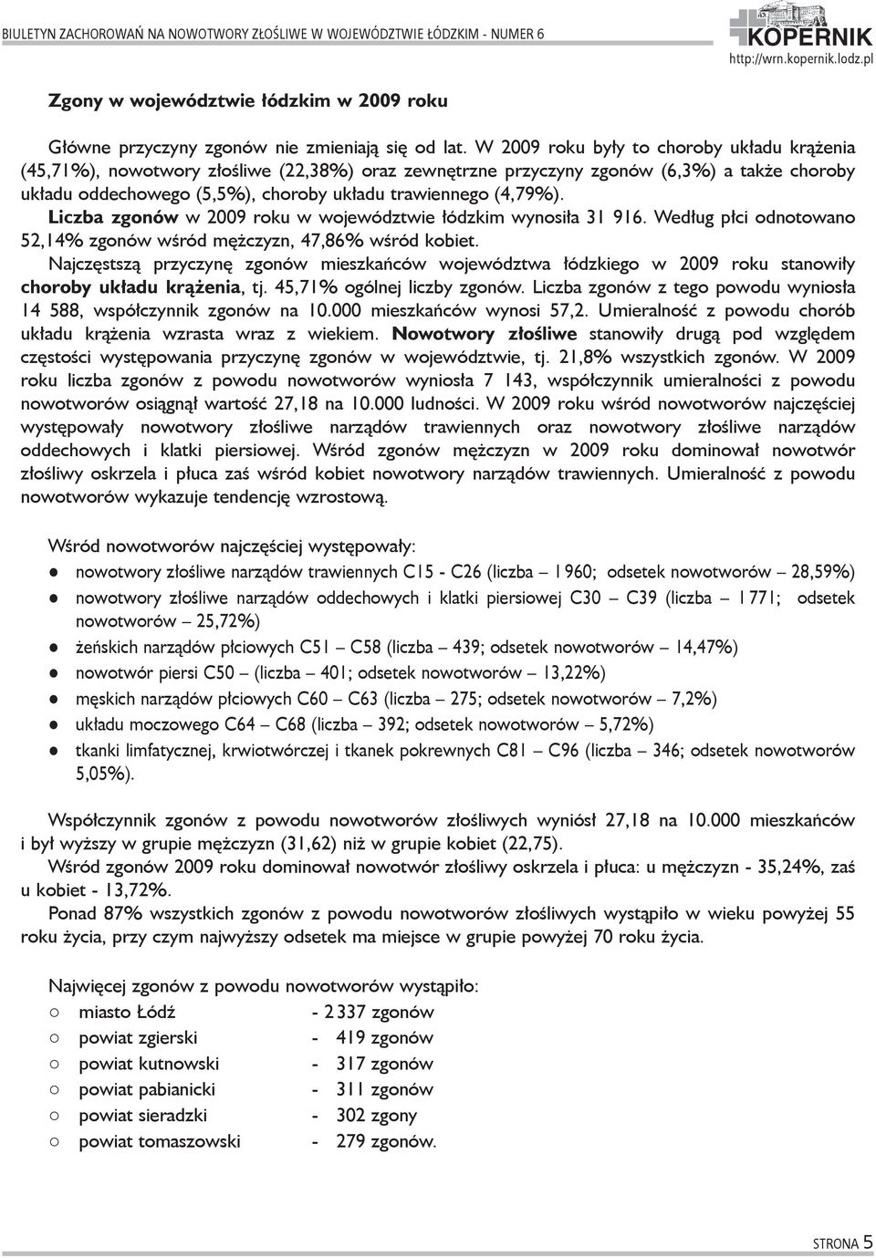 Liczba zgonów w 2009 roku w województwie łódzkim wynosiła 31 916. Według płci odnotowano 52,14% zgonów wśród mężczyzn, 47,86% wśród kobiet.