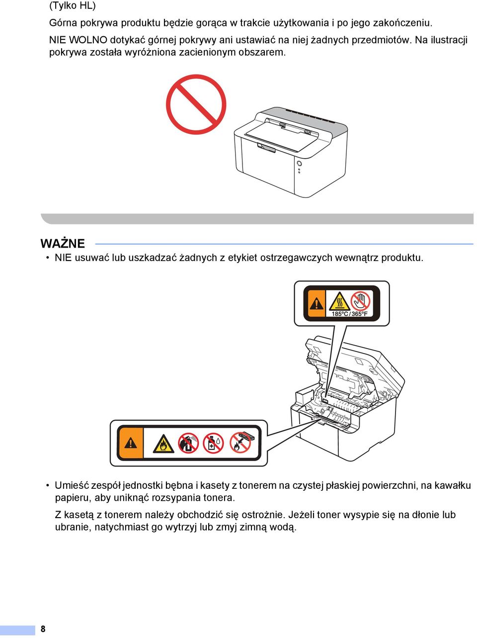 WAŻNE NIE usuwać lub uszkadzać żadnych z etykiet ostrzegawczych wewnątrz produktu.