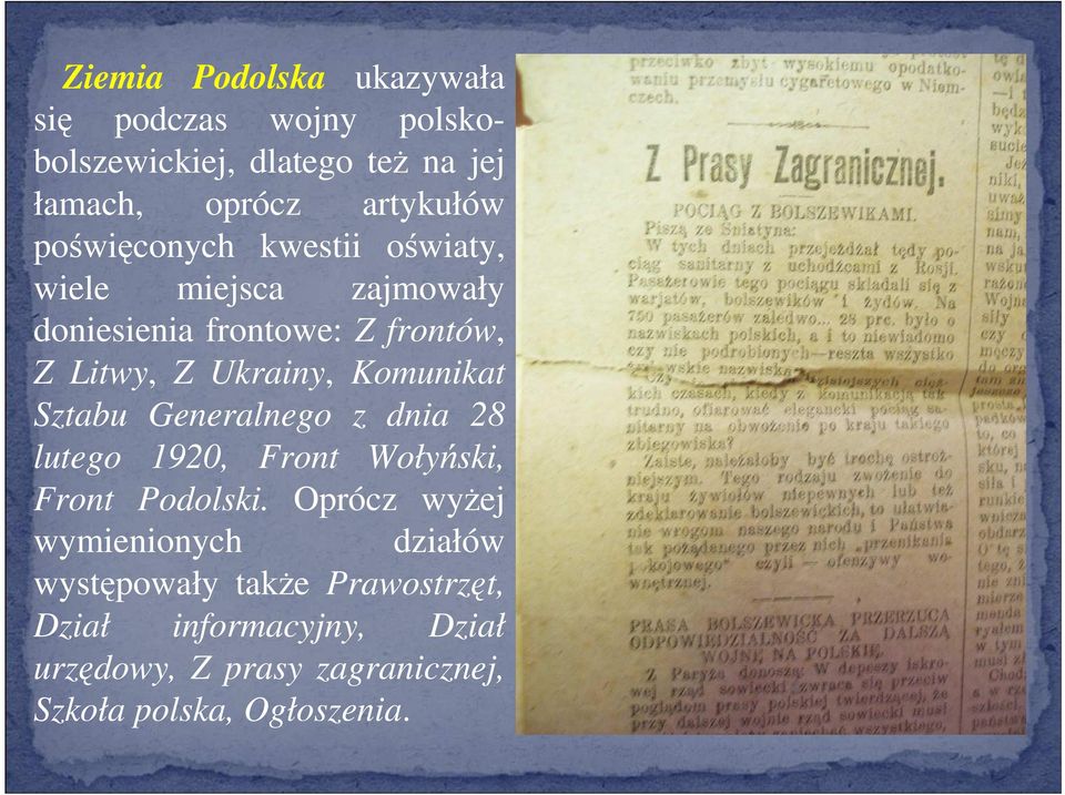 Komunikat Sztabu Generalnego z dnіa 28 lutego 1920, Front Wołyński, Front Podolski.