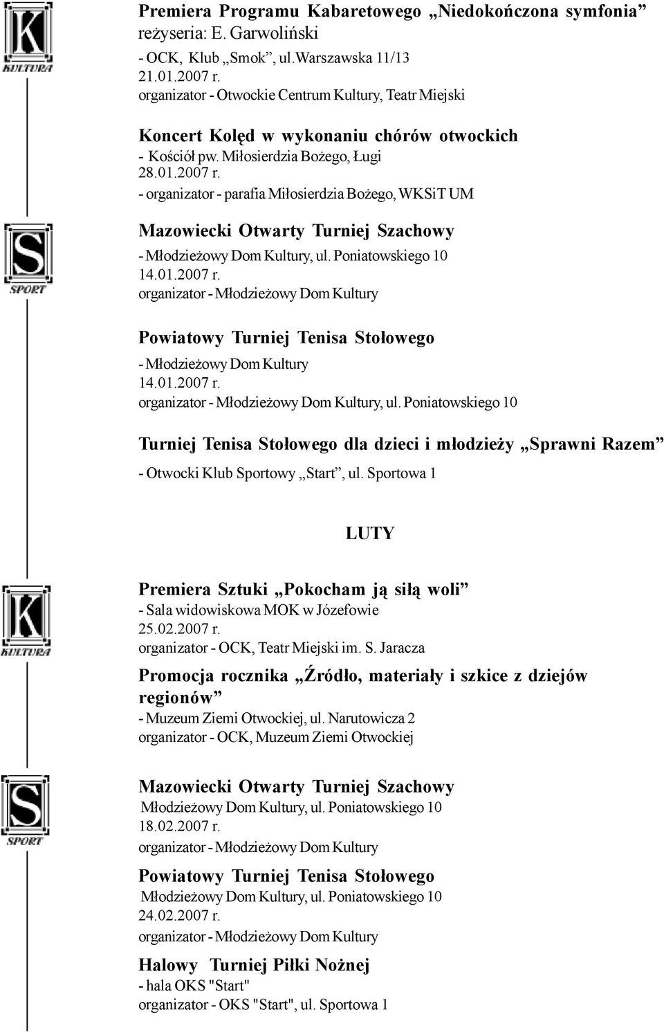 - organizator - parafia Miłosierdzia Bożego,WKSiT UM Mazowiecki Otwarty Turniej Szachowy 14.01.2007 r.