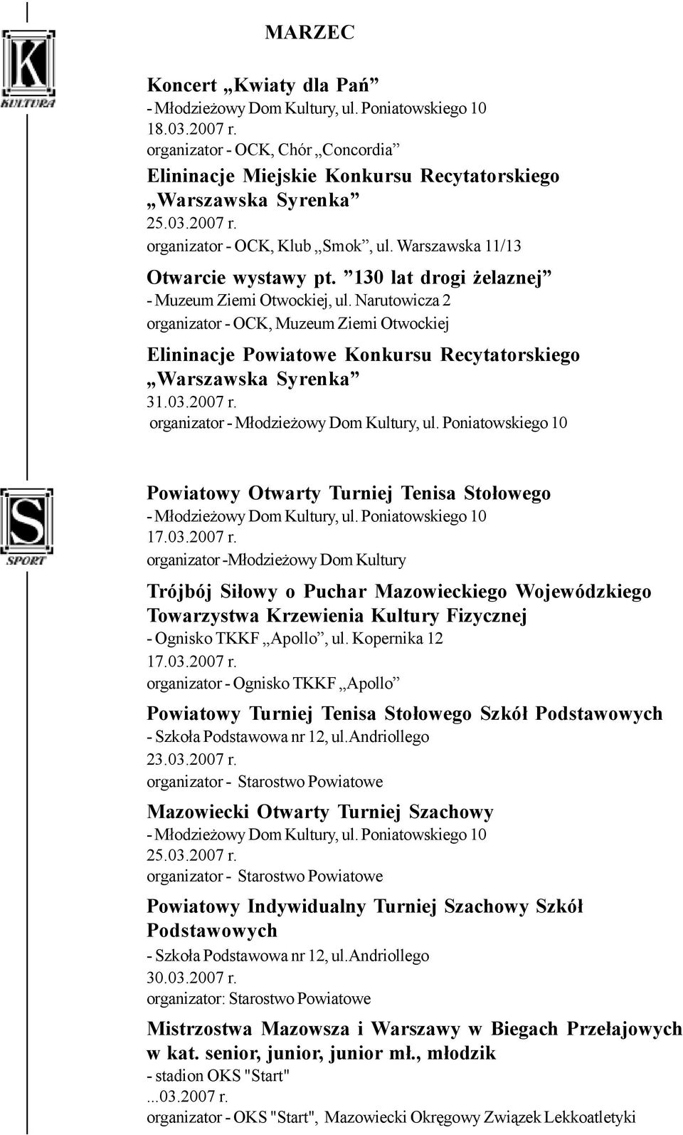 Narutowicza 2 organizator - OCK, Muzeum Ziemi Otwockiej Elininacje Powiatowe Konkursu Recytatorskiego Warszawska Syrenka 31.03.2007 r.