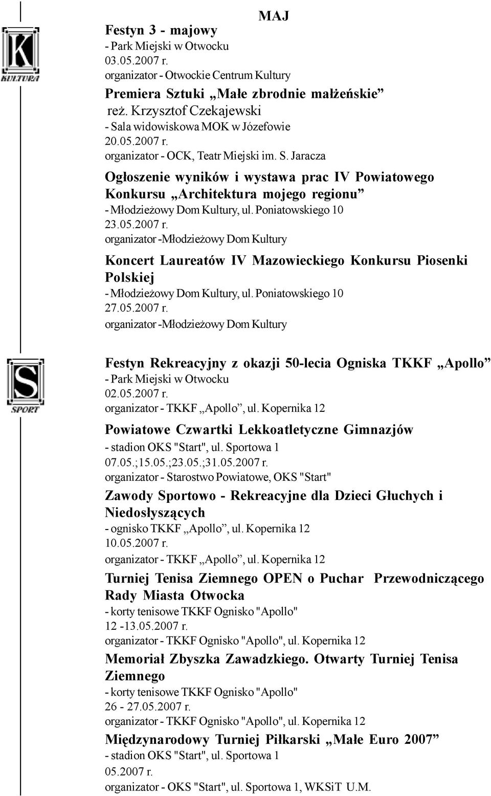 organizator -Młodzieżowy Dom Kultury Koncert Laureatów IV Mazowieckiego Konkursu Piosenki Polskiej 27.05.2007 r.