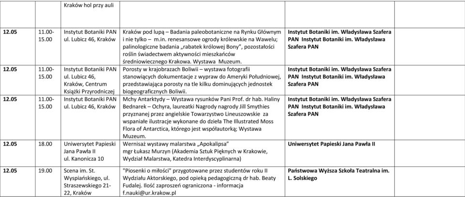 renesansowe ogrody królewskie na Wawelu; palinologiczne badania rabatek królowej Bony, pozostałości roślin świadectwem aktywności mieszkańców średniowiecznego Krakowa. Wystawa Muzeum.
