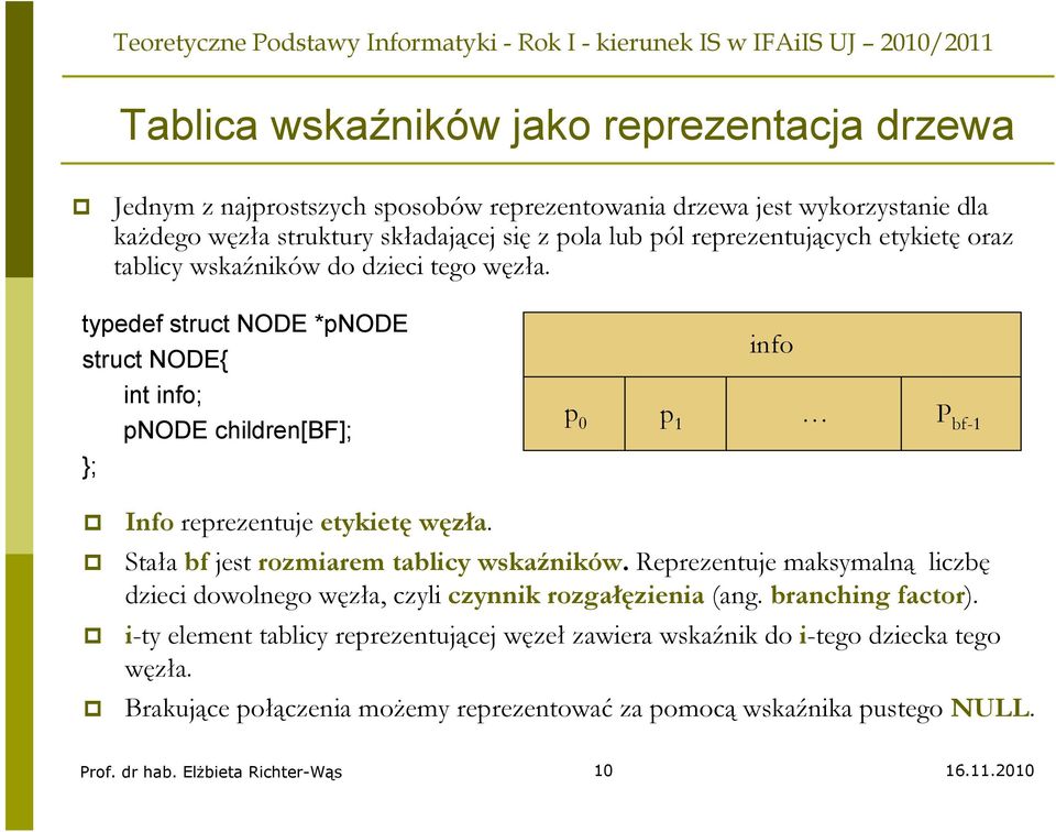 typedef struct NODE *pnode struct NODE{ int info; pnode children[bf]; }; info p 0 p 1 P bf-1 Info reprezentuje etykietę węzła. Stała bf jest rozmiarem tablicy wskaźników.