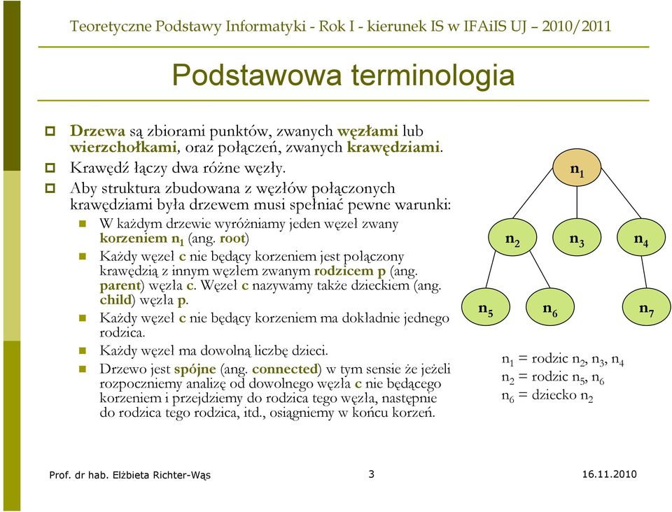 root) Każdy węzeł c nie będący korzeniem jest połączony krawędzią z innym węzłem zwanym rodzicem p (ang. parent) węzła c. Węzeł c nazywamy także dzieckiem (ang. child) węzła p.