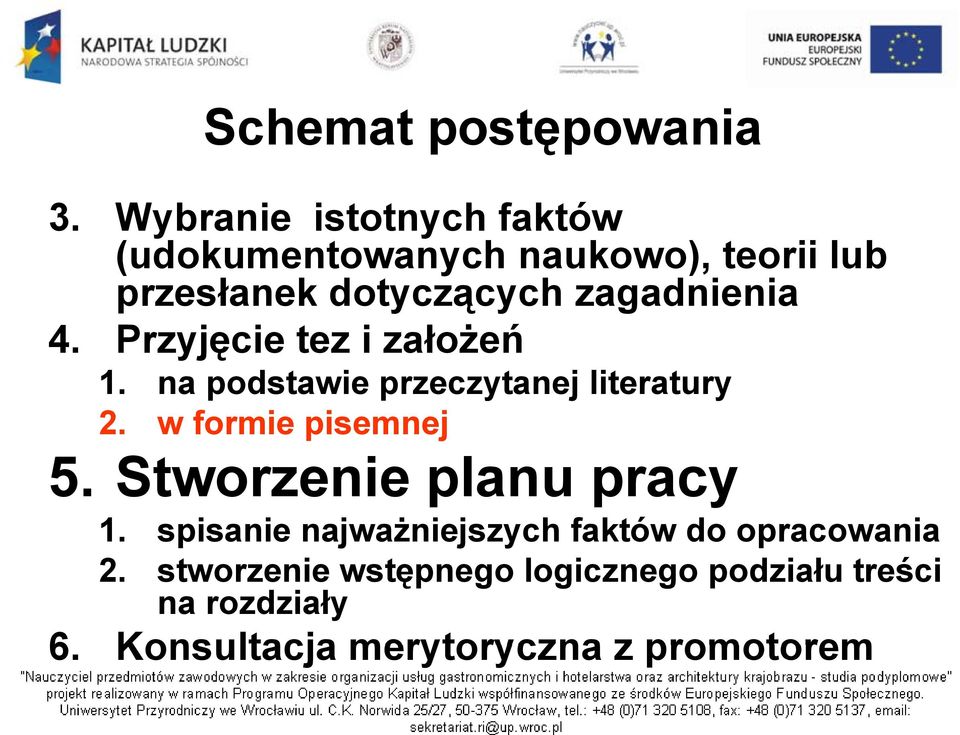 zagadnienia 4. Przyjęcie tez i założeń 1. na podstawie przeczytanej literatury 2.