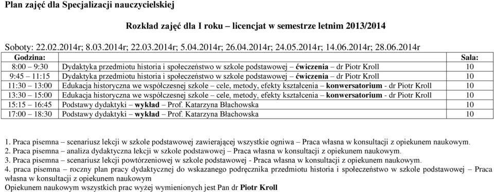 20r 8:00 9:30 Dydaktyka przedmiotu historia i społeczeństwo w szkole podstawowej ćwiczenia dr Piotr Kroll 10 9:45 11:15 Dydaktyka przedmiotu historia i społeczeństwo w szkole podstawowej ćwiczenia dr