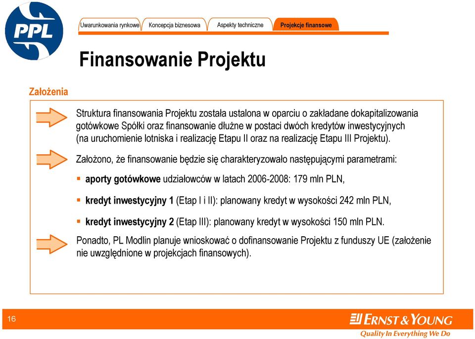 Założono, że finansowanie będzie się charakteryzowało następującymi parametrami: aporty gotówkowe udziałowców w latach 2006-2008: 179 mln PLN, kredyt inwestycyjny 1 (Etap I i II):