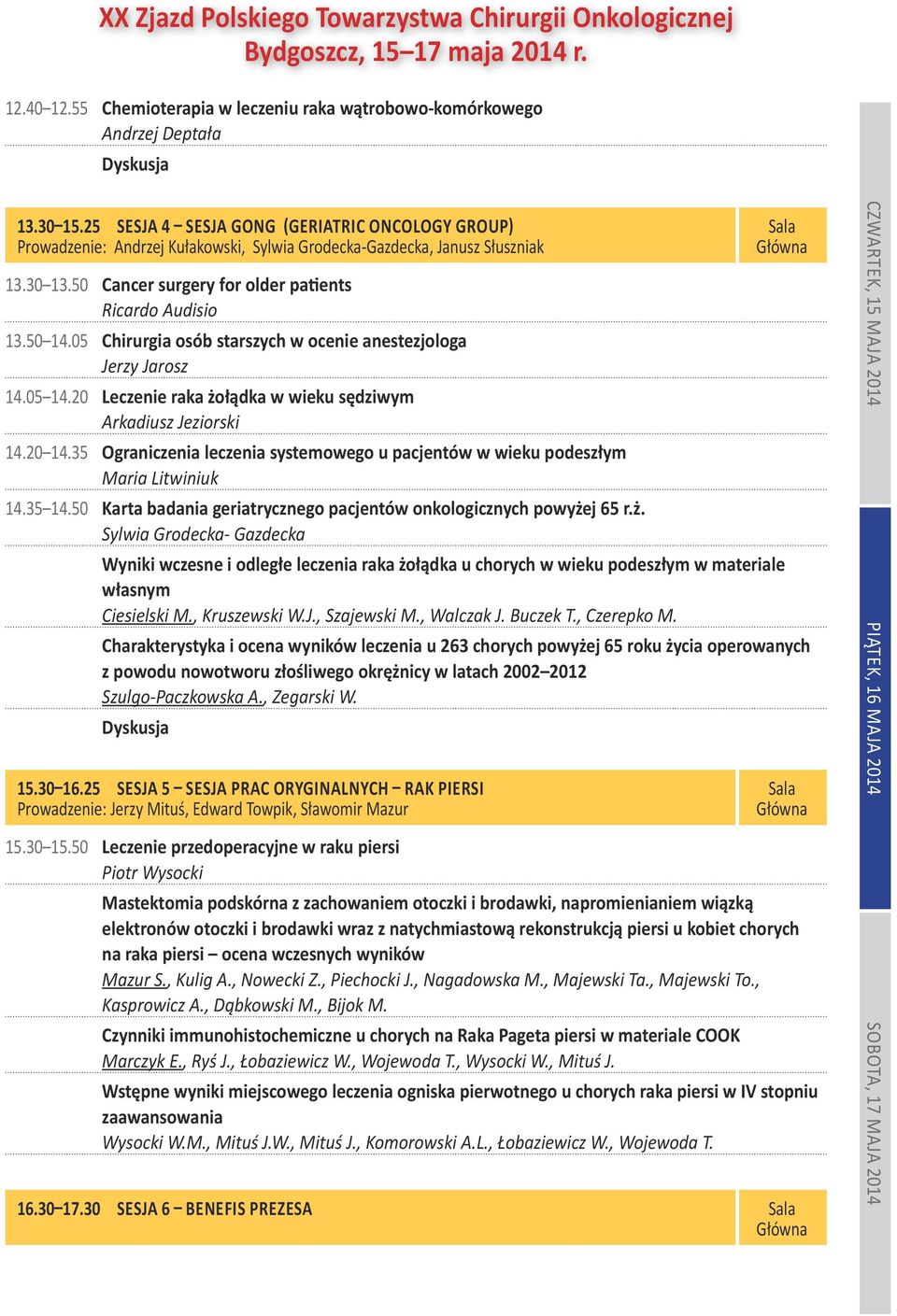 05 Chirurgia osób starszych w ocenie anestezjologa Jerzy Jarosz 14.05 14.20 Leczenie raka żołądka w wieku sędziwym Arkadiusz Jeziorski 14.20 14.