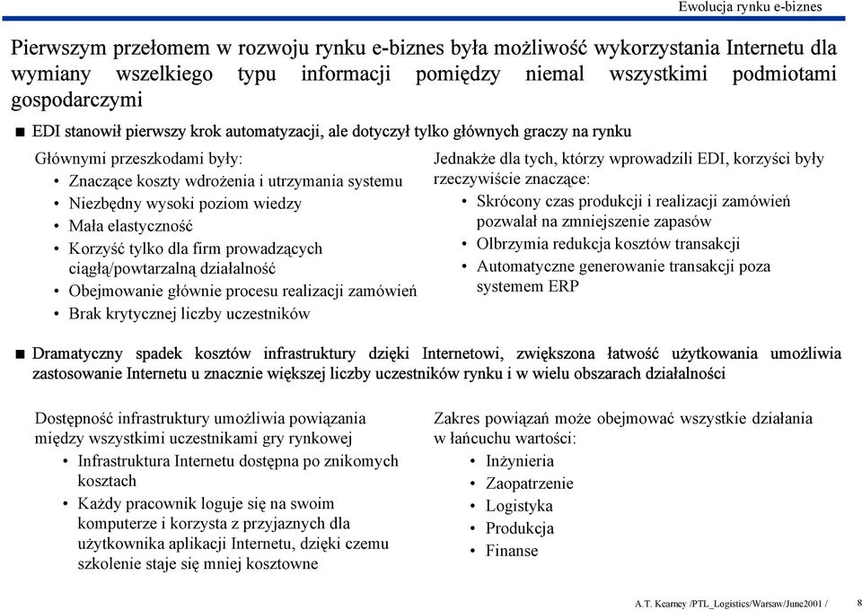 tylko dla firm prowadzących ciągłą/powtarzalną działalność Obejmowanie głównie procesu realizacji zamówień Brak krytycznej liczby uczestników Ewolucja rynku e-biznes Jednakże dla tych, którzy