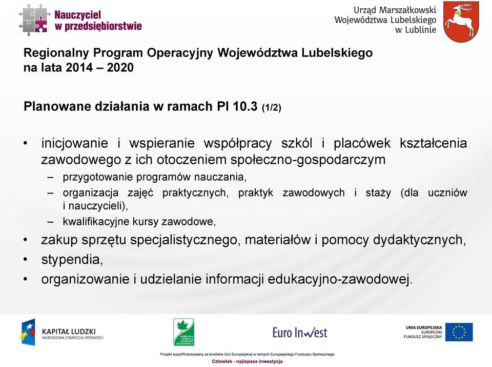 przygotowanie programów nauczania, organizacja zajęć praktycznych, praktyk zawodowych i staży (dla uczniów i nauczycieli),